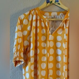 Yellow and White Polka Dot Boutique Blouse with Front Tie Strings Satin